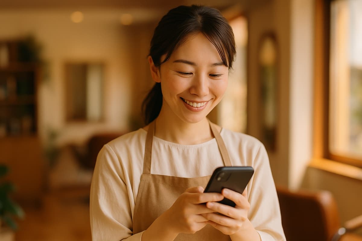 サロンオーナーがスマホで笑顔でLINE予約を確認している様子
