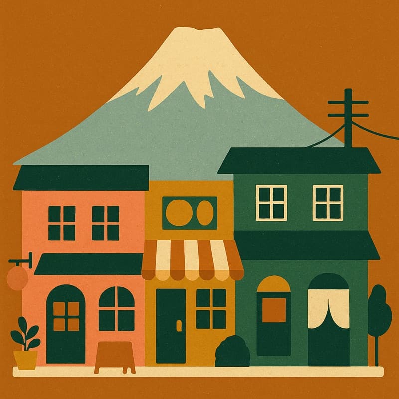 富士山と小さな商店街のイラスト
