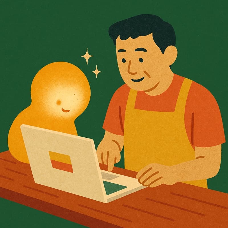 店主とAIが並走して働くイラスト